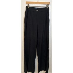 Shore linen wide leg trouser pants Medium  Black high waist elastic pockets USA
